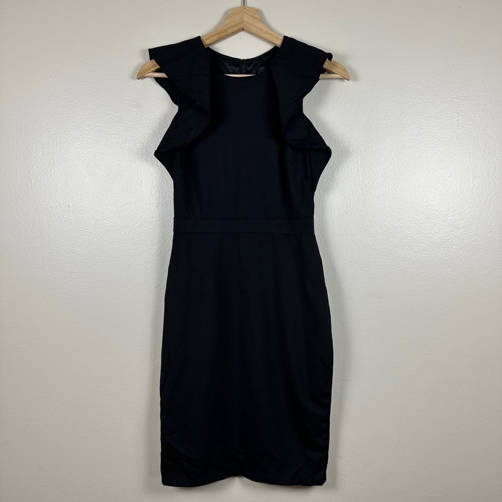 J.Crew Women's 00P Sheath Dress Black Wool Ruffle Cap Sleeve Classic Cocktail